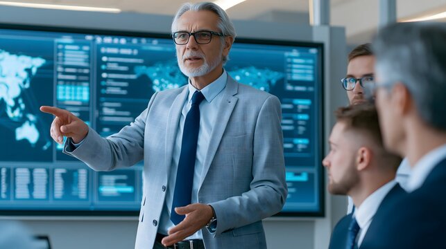 Business leader presenting a digital transformation strategy to colleagues, large futuristic data visualization screen, modern corporate boardroom, cinematic lighting, realistic commercial
