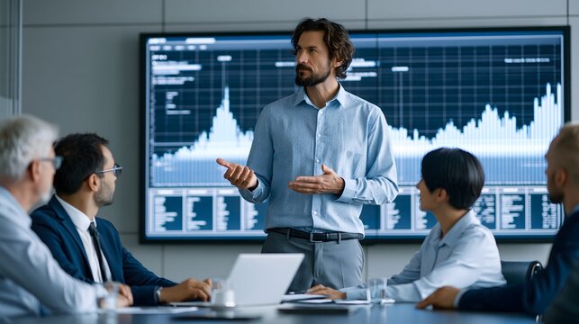 Business leader presenting a digital transformation strategy to colleagues, large futuristic data visualization screen, modern corporate boardroom, cinematic lighting, realistic commercial