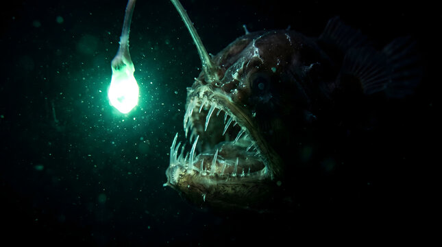 Deep sea predatory fish with bioluminescent lure in pitch blackness