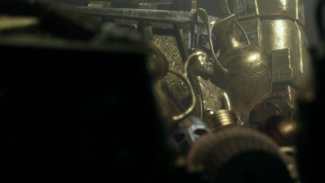 Glimmers of gold and bronze shine through shadows in a dusty marketplace filled with intriguing artifacts. Each piece tells a story of a time long past, waiting to be discovered.