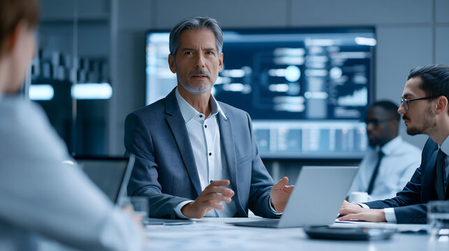 Business leader presenting a digital transformation strategy to colleagues, large futuristic data visualization screen, modern corporate boardroom, cinematic lighting, realistic commercial