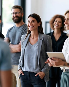 Modern business team celebrating a successful project discussion, confident professionals smiling and interacting, bright contemporary office, authentic workplace culture photography,