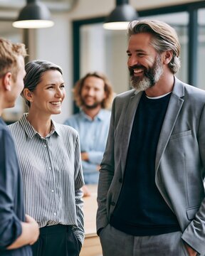 Modern business team celebrating a successful project discussion, confident professionals smiling and interacting, bright contemporary office, authentic workplace culture photography,