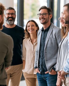 Modern business team celebrating a successful project discussion, confident professionals smiling and interacting, bright contemporary office, authentic workplace culture photography,