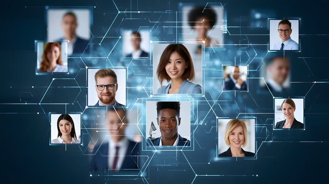 Global virtual collaboration concept showing diverse professionals connected across continents through a digital network, futuristic blue interface, clean corporate technology illustration,