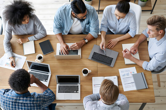 Overhead view of diverse professionals gathered around a conference table, laptops, notebooks and strategic documents arranged neatly, collaborative business planning, premium realistic photography,