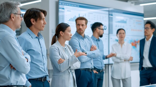 Business strategy workshop with diverse employees standing around a large digital screen, charts and abstract data visualizations, modern innovation center, realistic commercial photography,