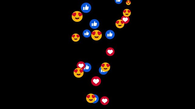 Engaging social media live broadcast floating heart eyes emoji and reactions rising on black background 4K