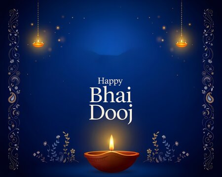 Happy bhai dooj festival greeting card with a decorative lit oil lamp on a dark blue background