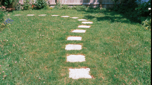 Natural backyard walkway with irregular white stone stepping path across green grass, creating peaceful garden route toward wooden fence
