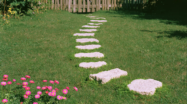 Natural backyard walkway with irregular white stone stepping path across green lawn toward wooden fence and bright pink garden flower