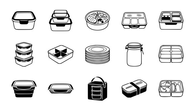 Food Storage Containers and Lunchbox Line Icon Set with Plastic Tupperware Meal Prep Boxes Jars and Bento Organizers for Kitchen Storage Branding Designs