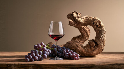 Naklejka premium Premium grape harvest concept showing clear stemmed glass of red wine beside ripe grapes and rustic vine wood