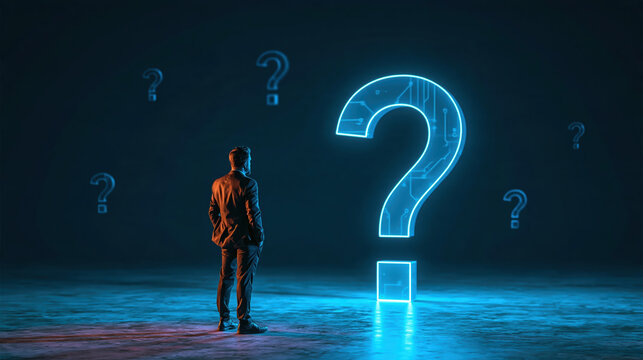 Person facing glowing question mark in dark blue space, expressing uncertainty, confusion, and decision making in surreal scene