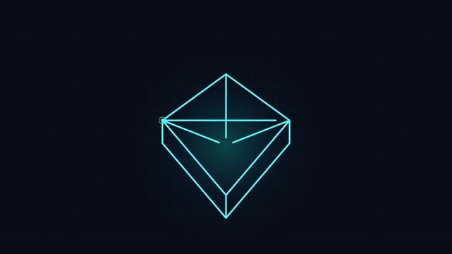 Cyan neon geometric lines forming a futuristic diamond shape on dark grid background