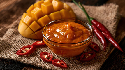 Fototapeta premium Spicy mango sauce with ripe golden mango and red chili pepper on rustic fabric, creating vibrant culinary scene
