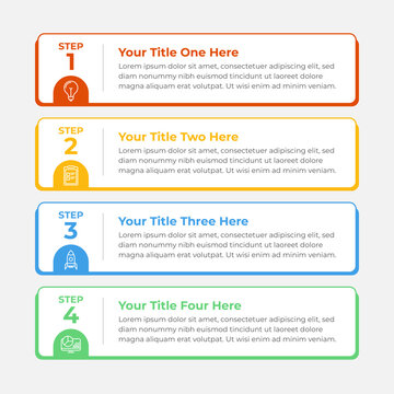 Vertical Infographic template with four steps, stacked list layout, for business presentation, brochure, website.	