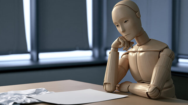 Wooden mannequin workplace reflection desk paper office thought