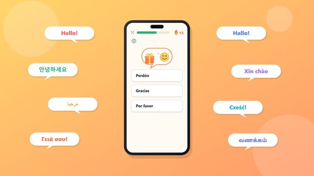 Smartphone language learning app showing a multilingual course for e learning with a gamified user interface for education