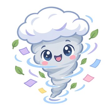Cute Kawaii Tornado Cartoon Character with Leaves Illustration