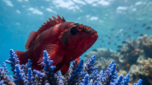 Red hawkfish perched among blue coral branches