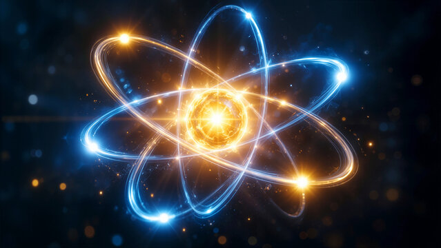 Abstract Glowing Atom Model with Orbiting Electrons and Luminous Core for Quantum Physics, Nuclear Energy, and Science Technology Concept   