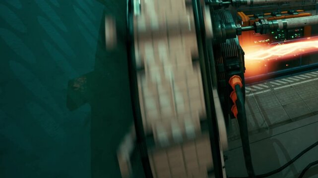 Complex machinery powers through a dynamic scene filled with bright energy. The atmosphere vibrates with motion and technology, showcasing precision engineering at work.
