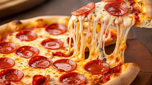 Hot pepperoni pizza slice being lifted with stretchy mozzarella cheese stretching cheese pull food italian crust baked cheese pull food italian crust baked