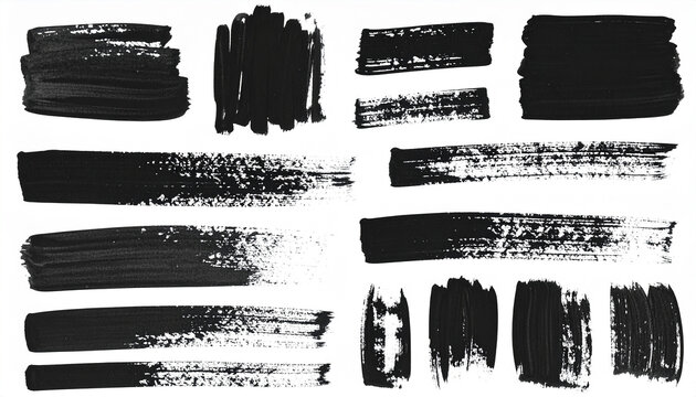 Set of expressive black ink brush marks isolated on white. Thick strokes, thin gestural lines, dry-brush textures, natural ink splatters. For artistic banners, borders, branding.