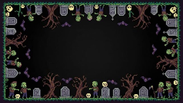 Pixel art Halloween graveyard border animation with walking zombies
