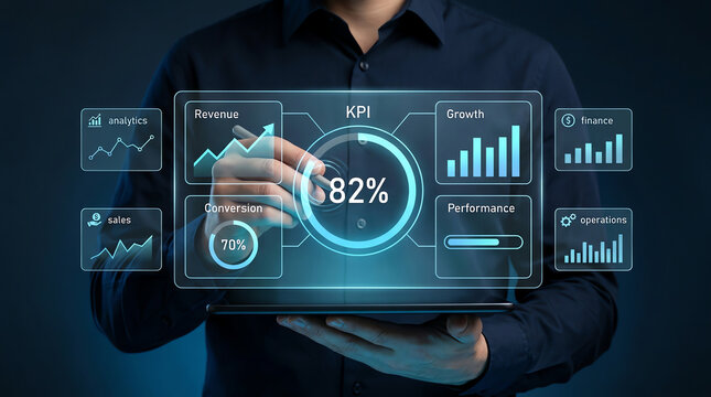 A business professional interacting with a futuristic digital interface showing complex data analytics and financial performance graphs