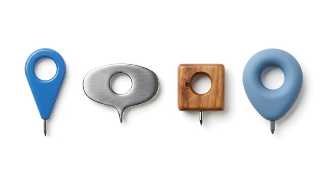 Creative map pointer icons made of blue plastic metal and wood materials for navigation and location branding