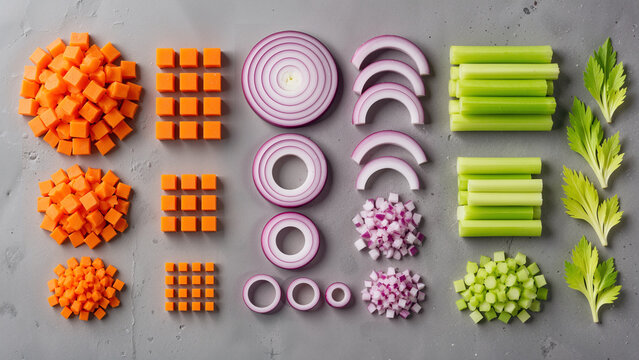 Mirepoix vegetable knife cuts flat lay with chopped diced and sliced carrots red onions and celery on gray background