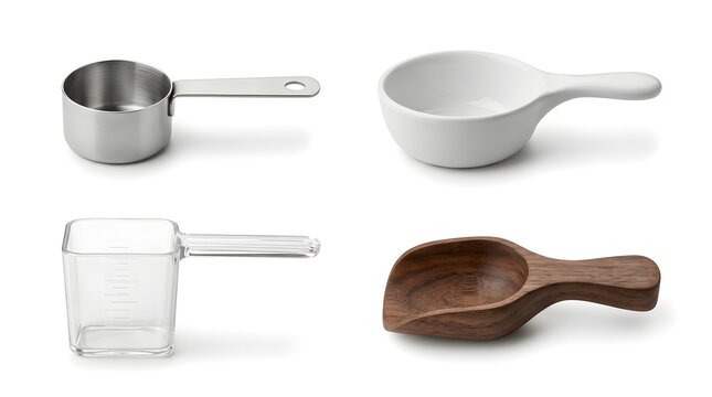 Set of four different measuring scoops in stainless steel ceramic clear plastic and wood materials