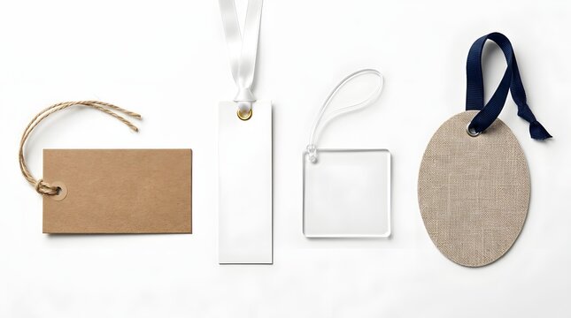 Assorted retail price tags with ribbon and string strings on white background
