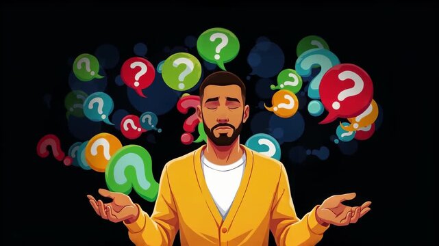 Man Shrugging with Colorful Question Marks Above Head Conveying Confusion or Uncertainty in Dark Studio Setting