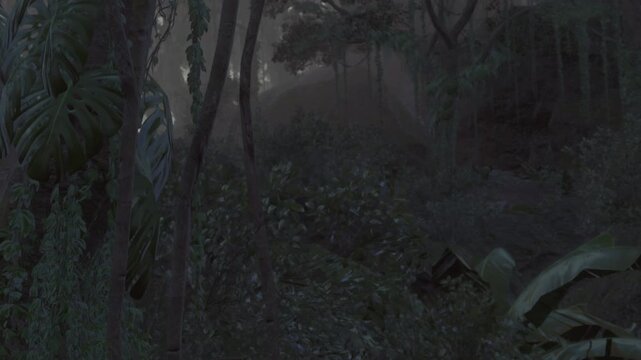 The dense rainforest exudes an air of mystery as twilight sets in, casting shadows among the towering trees and vibrant foliage. The scene vibrates with natures quiet yet powerful presence.