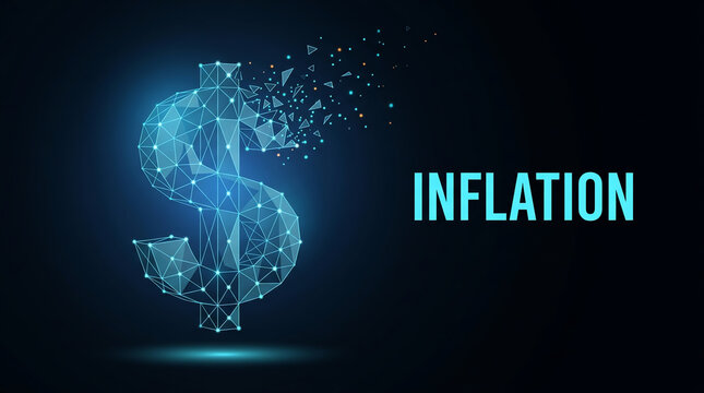 Digital illustration of a dollar sign disintegrating with the word inflation
