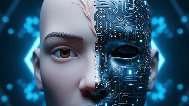 Close up view of human robot face merging with electronic circuit board skin cyborg artificial intelligence technology futuristic bionic cyborg artificial intelligence technology futuristic bionic