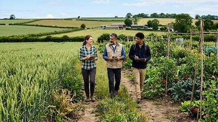 Fototapeta premium Farmers inspecting crops in rural agricultural field.