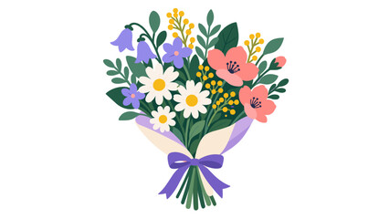 Fototapeta premium Mixed flower bouquet tied with a purple ribbon