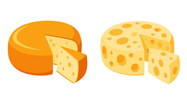 Cheese wheels with wedges of orange and Swiss cheese