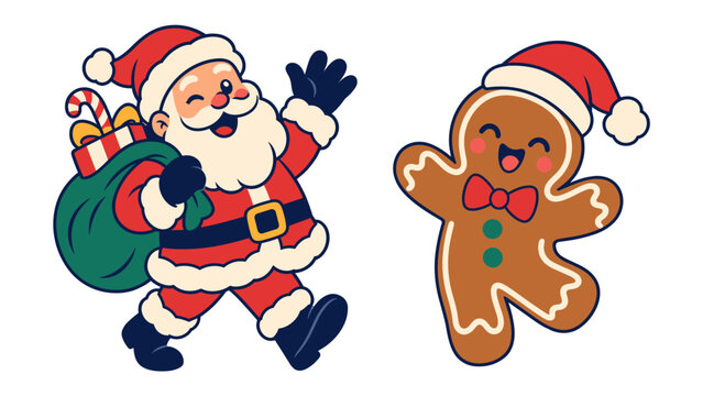 Santa Claus waving beside a smiling gingerbread man
