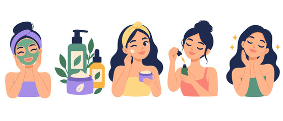 Fototapeta premium Women applying skincare products in a facial care routine