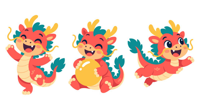 Playful red dragon character in three poses with a yellow ball