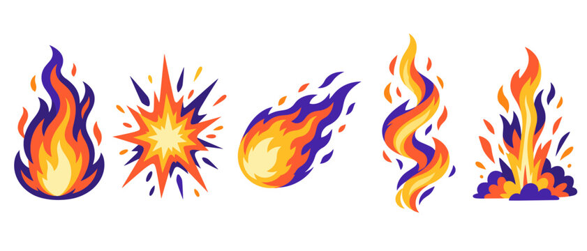 Set of colorful fire flames and explosion bursts