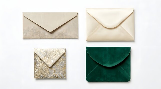 Set of four elegant envelopes in various sizes and textures for invitations and formal correspondence.