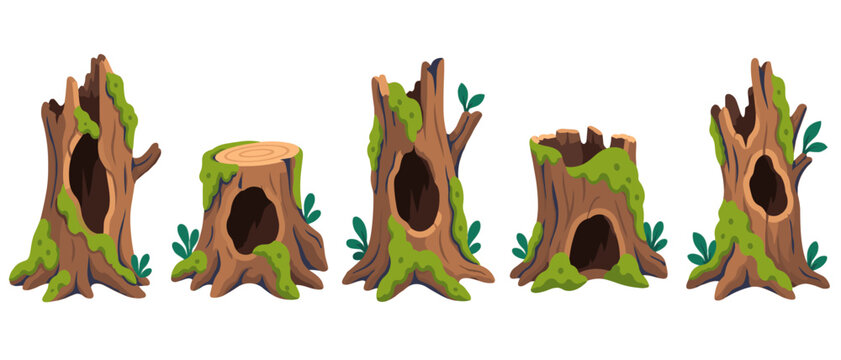 Set of cartoon tree stumps with hollow trunks and moss