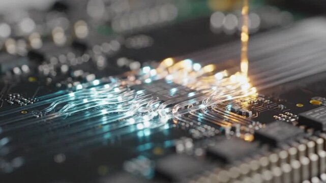 Laser beam scanning across silicon photonic chip as glowing amber and cyan optical light pulses travel along transparent waveguides on circuit board.
