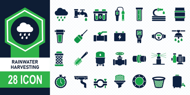 Collection of twenty eight flat rainwater harvesting and weather related icons on transparent background